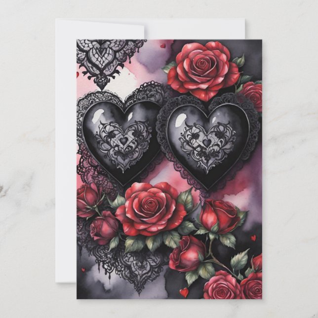 Gothic Valentine Red Hearts Black Lace & Roses Julkort (Framsida)