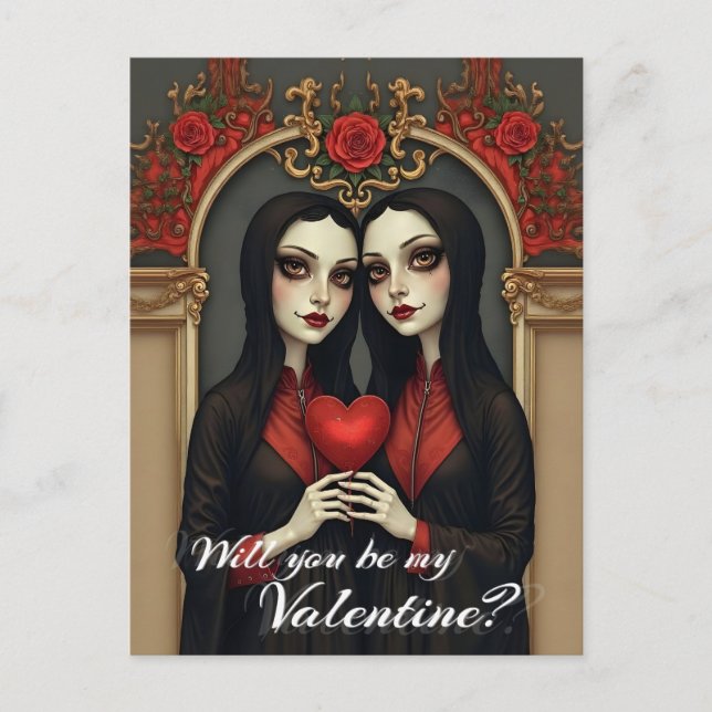 Gothic Valentine Twins with Red Heart Vykort (Framsida)