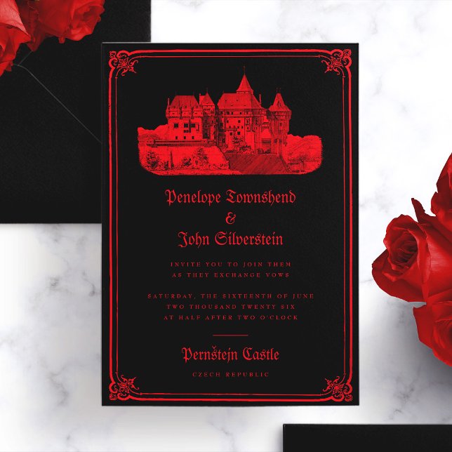 Gothic Vampire Castle Gräns Black Bröllop Inbjudningar (Gothic Vampire Castle Border Black Red Wedding Invitation)