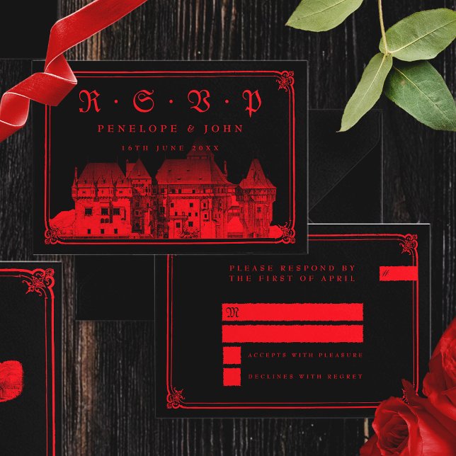 Gothic Vampire Castle Gräns Black Bröllop OSA Kort (Gothic Vampire Castle Border Black Red Wedding RSVP Card)