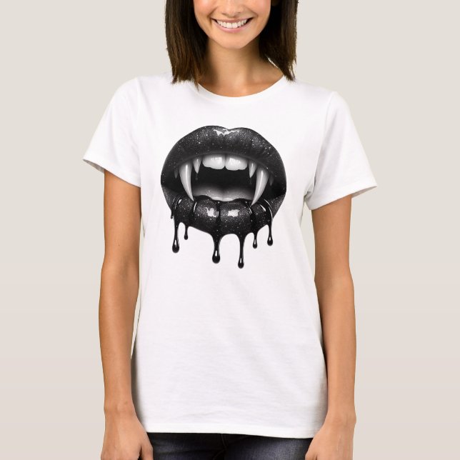 Gothic Vampire Fang Dripping Läppar T Shirt (Framsida)