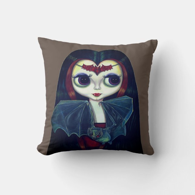 Gothic Vampire Girl med Fladdermus Big Öga Cute Cu Kudde (Framsida)