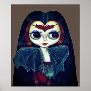 Gothic Vampire Girl med Fladdermus Big Öga Cute Cu Poster