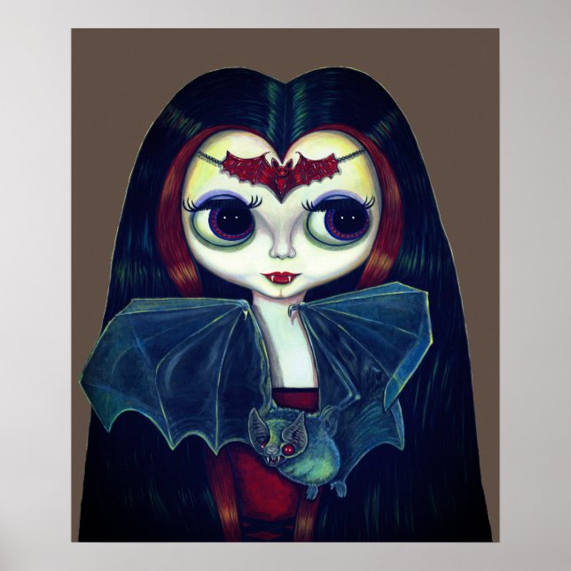 Gothic Vampire Girl med Fladdermus Big Öga Cute Cu Poster (Framsidan)