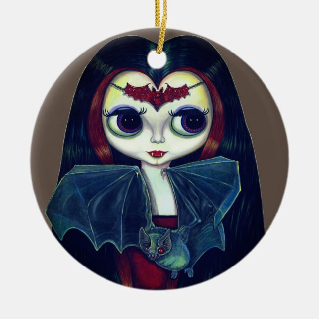 Gothic Vampire Girl med Fladdermus Big Ögon Cute Julgransprydnad Keramik (Framsidan)