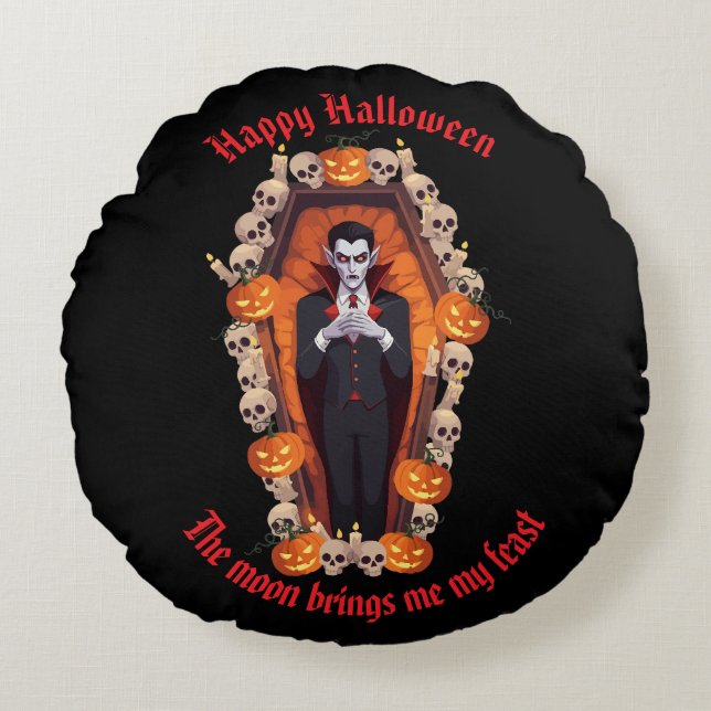 🧛 ‍ ♂️ Gothic Vampire Halloween Black Pillow 🎃 � Rund Kudde (Framsidan)