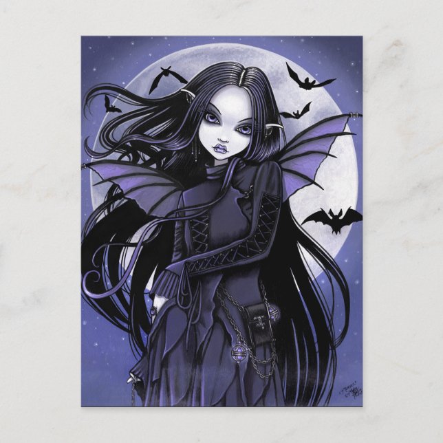 Gothic Vampre Fladdermus full Moon Lila Fairy Vykort (Framsida)
