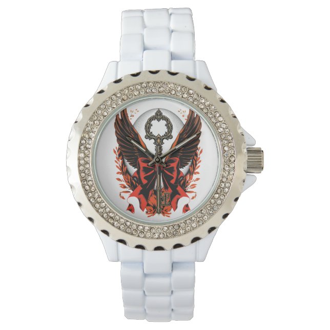 Gothic Velvet Bow Nyckel med Vingar & Måne Armbandsur (Framsida)