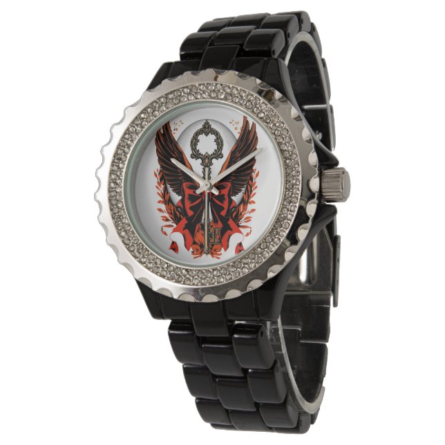 Gothic Velvet Bow Nyckel med Vingar & Måne Armbandsur (Vinklad)