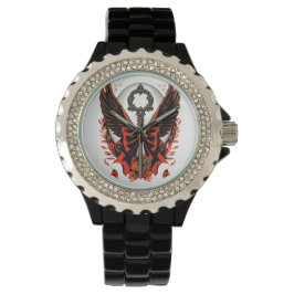 Gothic Velvet Bow Nyckel med Vingar & Måne Armbandsur
