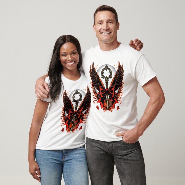 Gothic Velvet Bow Nyckel med Vingar & Måne T Shirt (Unisex)