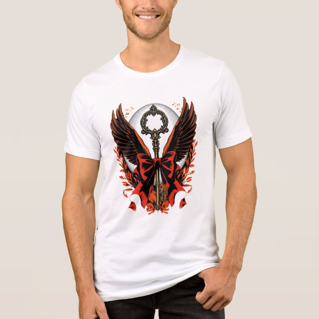 Gothic Velvet Bow Nyckel med Vingar & Måne T Shirt (Framsida)
