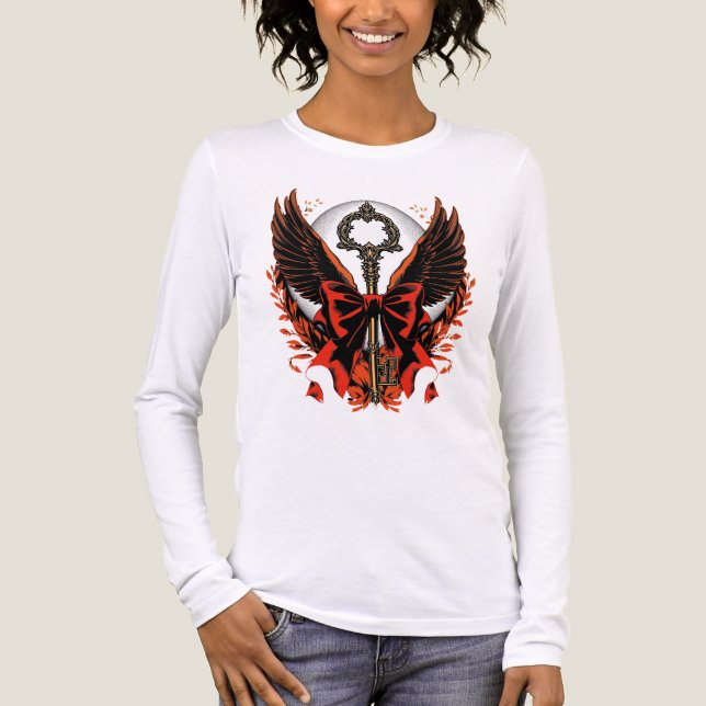 Gothic Velvet Bow Nyckel med Vingar & Måne T Shirt (Framsida)