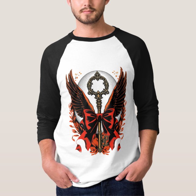 Gothic Velvet Bow Nyckel med Vingar & Måne T Shirt (Framsida)