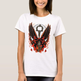 Gothic Velvet Bow Nyckel med Vingar & Måne T Shirt