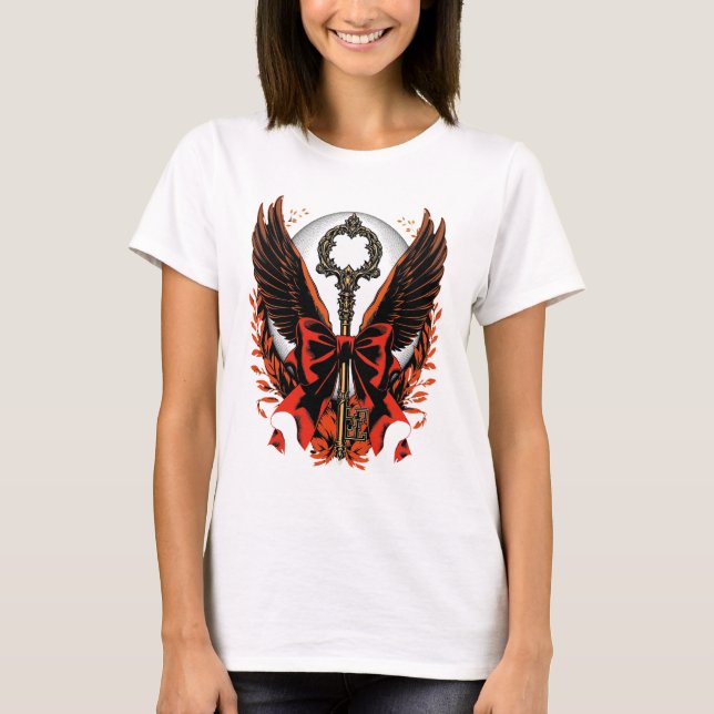 Gothic Velvet Bow Nyckel med Vingar & Måne T Shirt (Framsida)