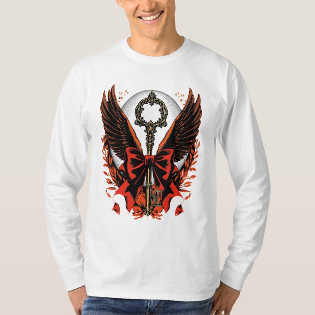 Gothic Velvet Bow Nyckel med Vingar & Måne T Shirt (Framsida)