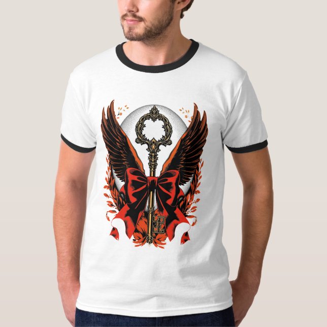 Gothic Velvet Bow Nyckel med Vingar & Måne T Shirt (Framsida)
