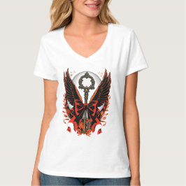 Gothic Velvet Bow Nyckel med Vingar & Måne T Shirt