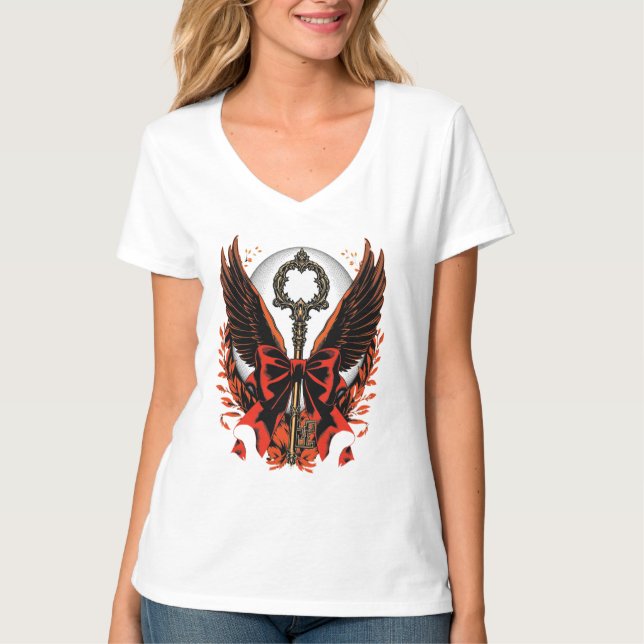 Gothic Velvet Bow Nyckel med Vingar & Måne T Shirt (Framsida)