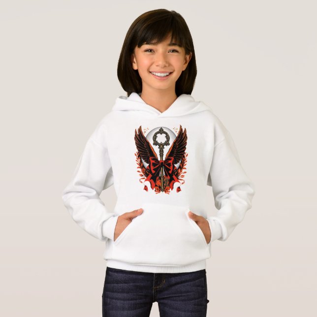 Gothic Velvet Bow Nyckel med Vingar & Måne T Shirt (Hel framsida)