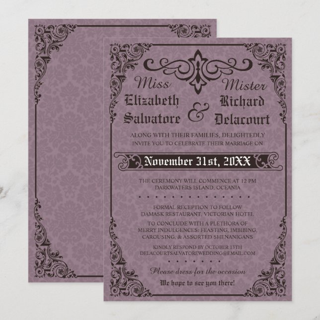 Gothic Victorian Damask Wedding bjudande Inbjudningar (Fram/baksida)