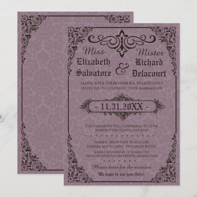 Gothic Victorian Damask Wedding Inbjudan (Fram/baksida)