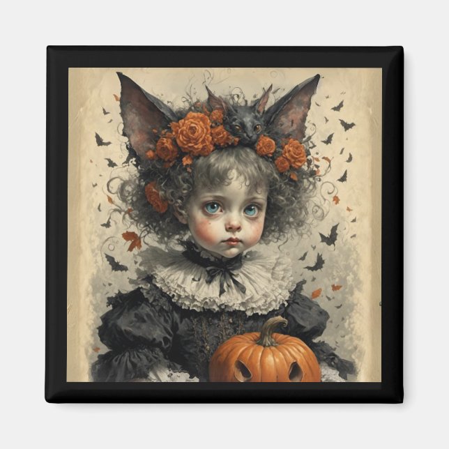 Gothic Victorian Girl Bat Ears & Pumpkin Halloween Magnet (Framsidan)