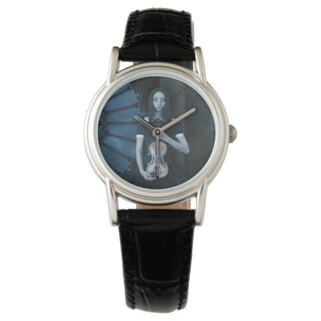Gothic Victorian Girl Holding Violin Mörk Fantasy Armbandsur (Framsida)