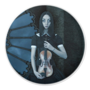 Gothic Victorian Girl Holding Violin Mörk Fantasy Knopp