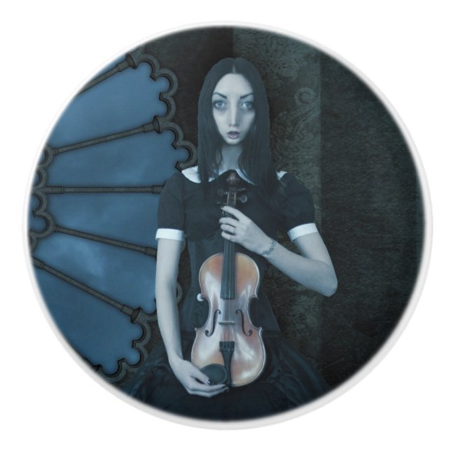 Gothic Victorian Girl Holding Violin Mörk Fantasy Knopp (Framsidan)