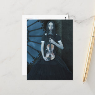 Gothic Victorian Girl Holding Violin Mörk Fantasy Vykort