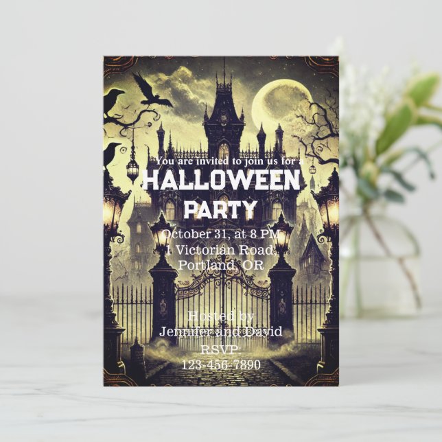 Gothic Victorian Haunted House Vintage Halloween Inbjudningar (Stående Fram)