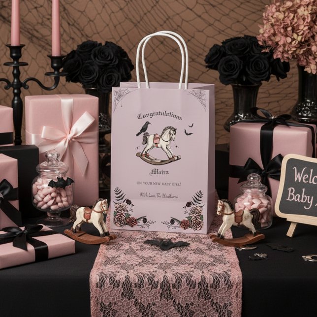 Gothic Victorian Rocking Horse Baby Shower (Elegant Gothic Congratulations Gift Bag for Mother to Be. Cute Spooky Vintage Rocking Horse & Roses)