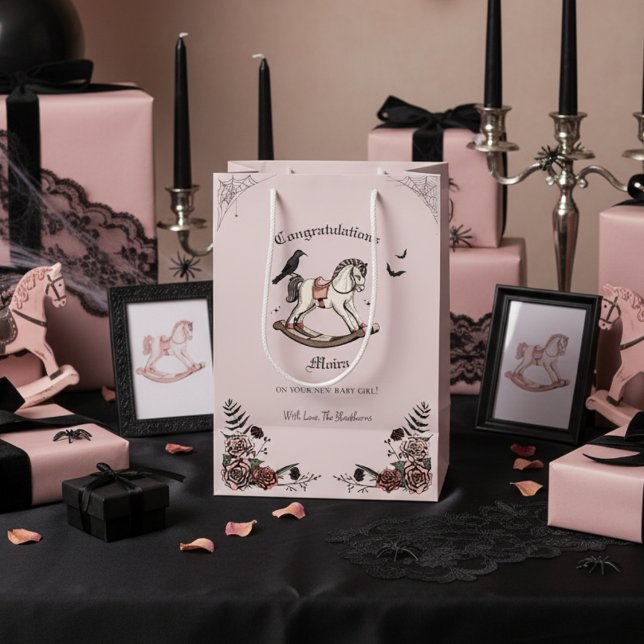 Gothic Victorian Rocking Horse Baby Shower (Gothic Halloween Girl Baby Shower Congratulations Bag. Spooky Vintage Rocking Horse & Pink Roses)