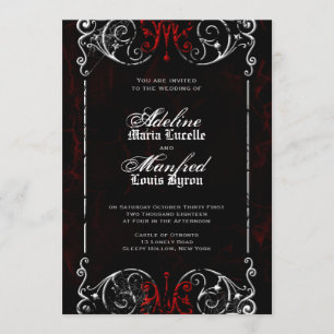 Gothic Victorian Spooky Red, Black & White Bröllop Inbjudningar