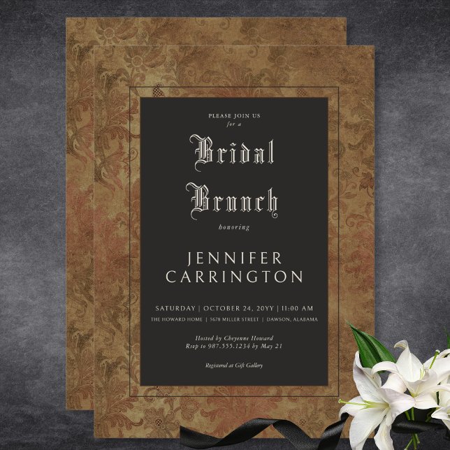 Gothic Vintage Brown Damask Silke Möhippa Brunch Inbjudningar (Gothic Vintage Brown Damask Silk Bridal Brunch Invitation)