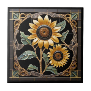 Gothic Vintage Gult Solblommor på Black Kakelplatta
