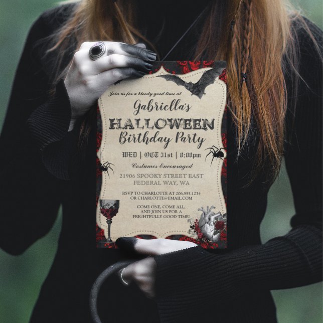 Gothic Vintage Halloween Födelsedagsfest inbjudan (Halloween Birthday Party Invitation)