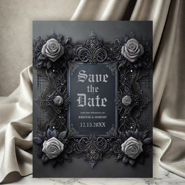 Gothic Vit ros på Grått Spara datum Meddelande Vykort (Gothic White Roses on Dark Gray Wedding Save the Date Announcement.)