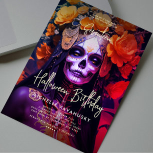 Gothic Vuxen Halloween Birthday Orange Dam Skull Inbjudningar
