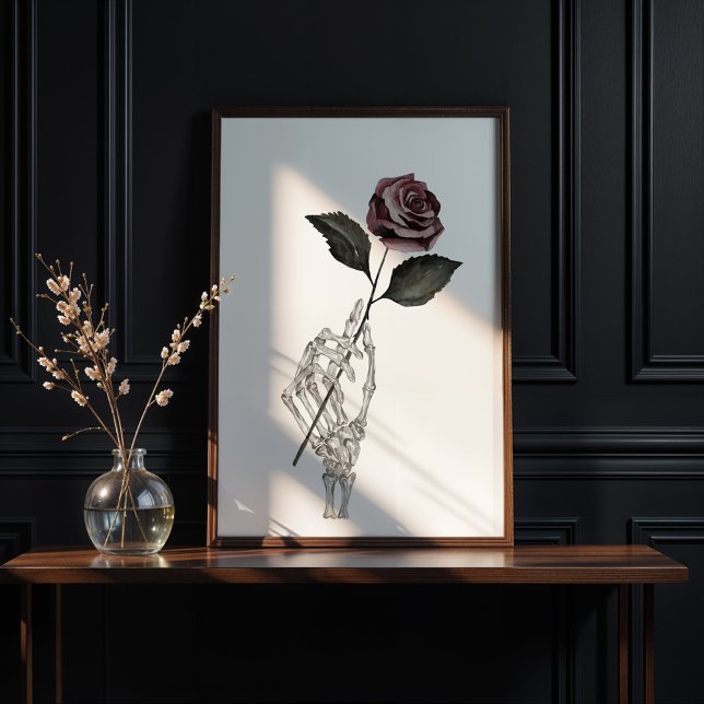 Gothic Watercolor Skeleton Hand Holding Ro Poster (Gothic Watercolor Skeleton Hand Holding Rose Poster)