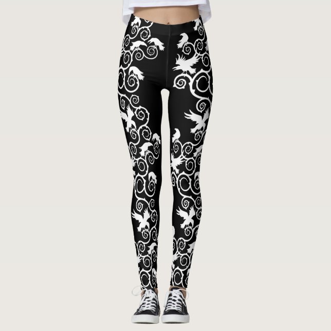 Gothic White Ravens and Thorns Leggings (Framsida)