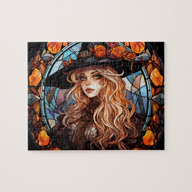 Gothic Witch-lagat glas Halloween Jigszle-pussel Pussel (Horisontell)