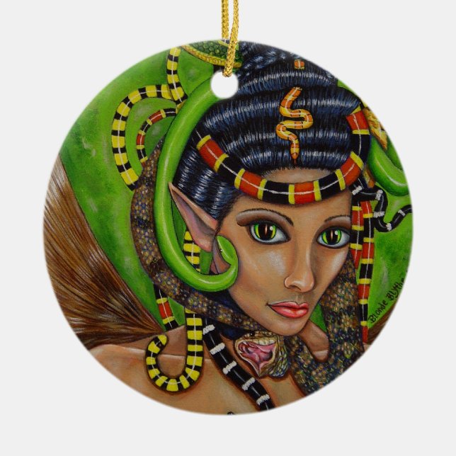 Gothic Woman Girl Snakes in Hair Scary Creepy Julgransprydnad Keramik (Framsidan)