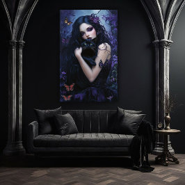 Gothic Woman med svart katt Poster