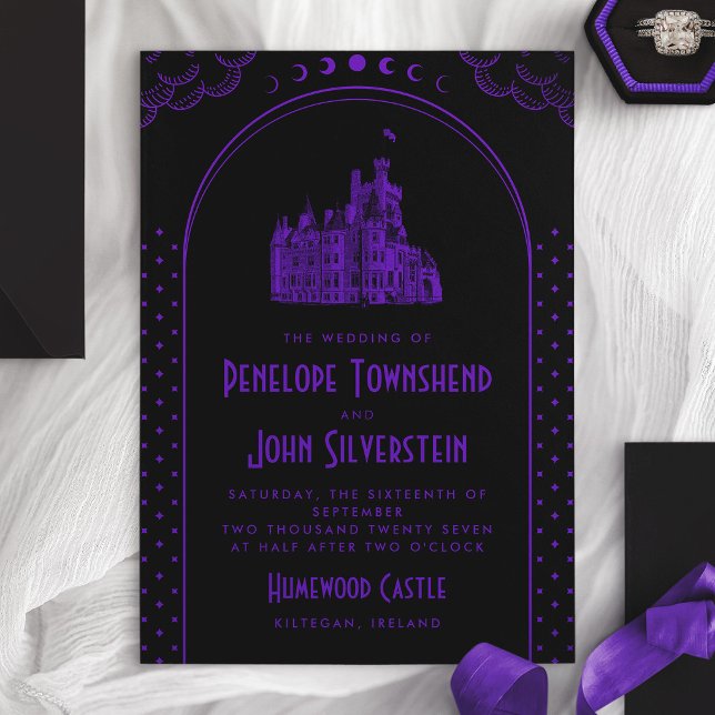 Gothisk Art Deco Lila Svart Bröllop på Slott Inbjudningar (Gothic Art Deco Purple Black Castle Wedding Invitation)