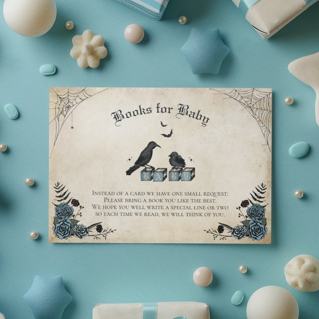 Gothisk baby shower Svarta korp böcker för bebis Tilläggskort (Gothic Baby Shower Books For Baby Card. Black Raven, Blue Roses, Spiderwebs, Wooden Baby Blocks)