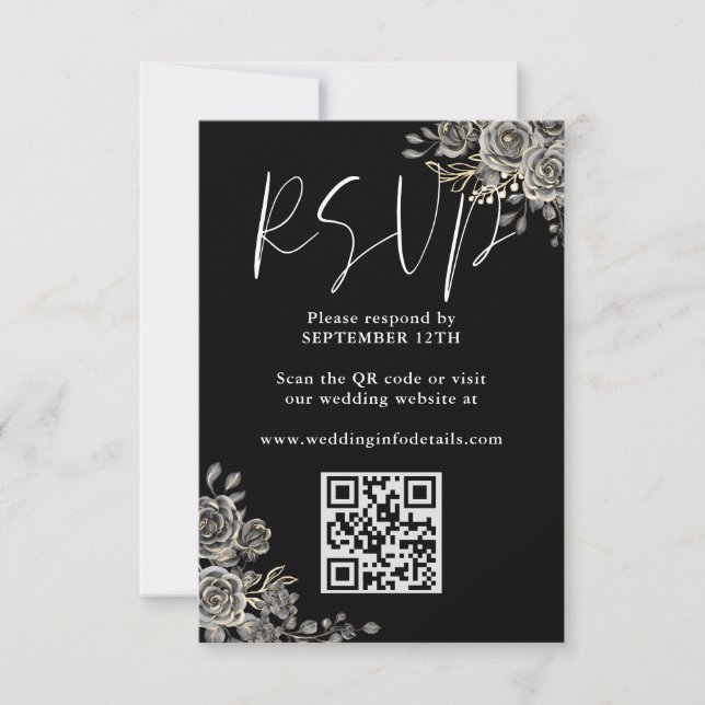 Gothisk blomster svart och vit bröllops QR-kod OSA Kort (Framsida)