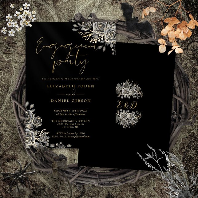 Gothisk blomsterbröllop svart och guld Förlovnings Inbjudningar (Gothic Floral Black And Gold Engagement Party Invitation)